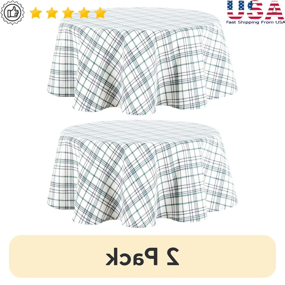 

2 Pack Plaid Printed Tablecloth Cotton Polyester Blend 70 Inch Round Machine Washable Easy Care Dining Home Decor