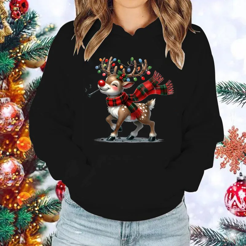 Women's Christmas Reindeer Xmas Lights Print Hoodie Long Sleeve O‑Neck Casual Loose Winter Holiday Fashion Sweatshirt