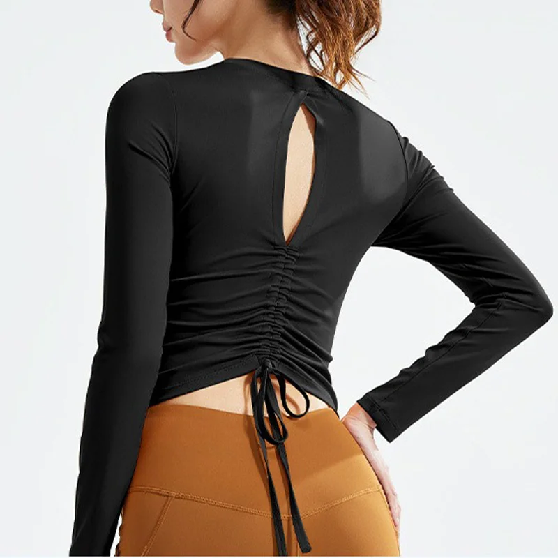 

Cutout Back Yoga Long Sleeve Drawstring Back Workout Shirt with Build-in Cup Gym Long Sleeve Sports Quick Dry Crop Long