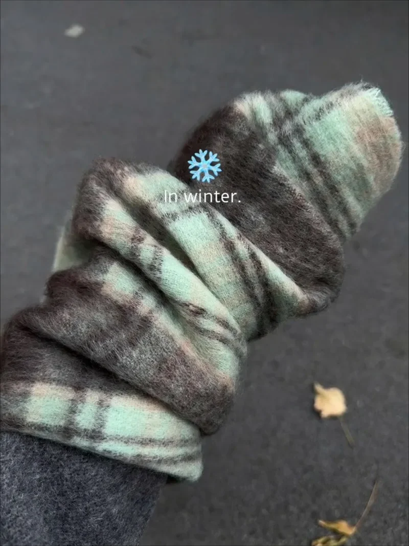 Practical 2024 Advanced Sense Hot Sell Mint Green Coffee Color Checked Scarf Winter New Mohair Warm Bib Shawls