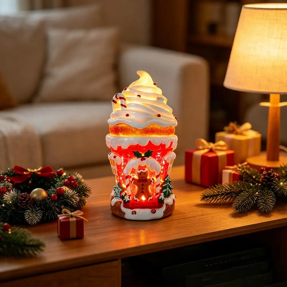 Lighted Ice Cream House Christmas Figurine, Candy Gingerbread Decor with LED Light for Home Shop Display