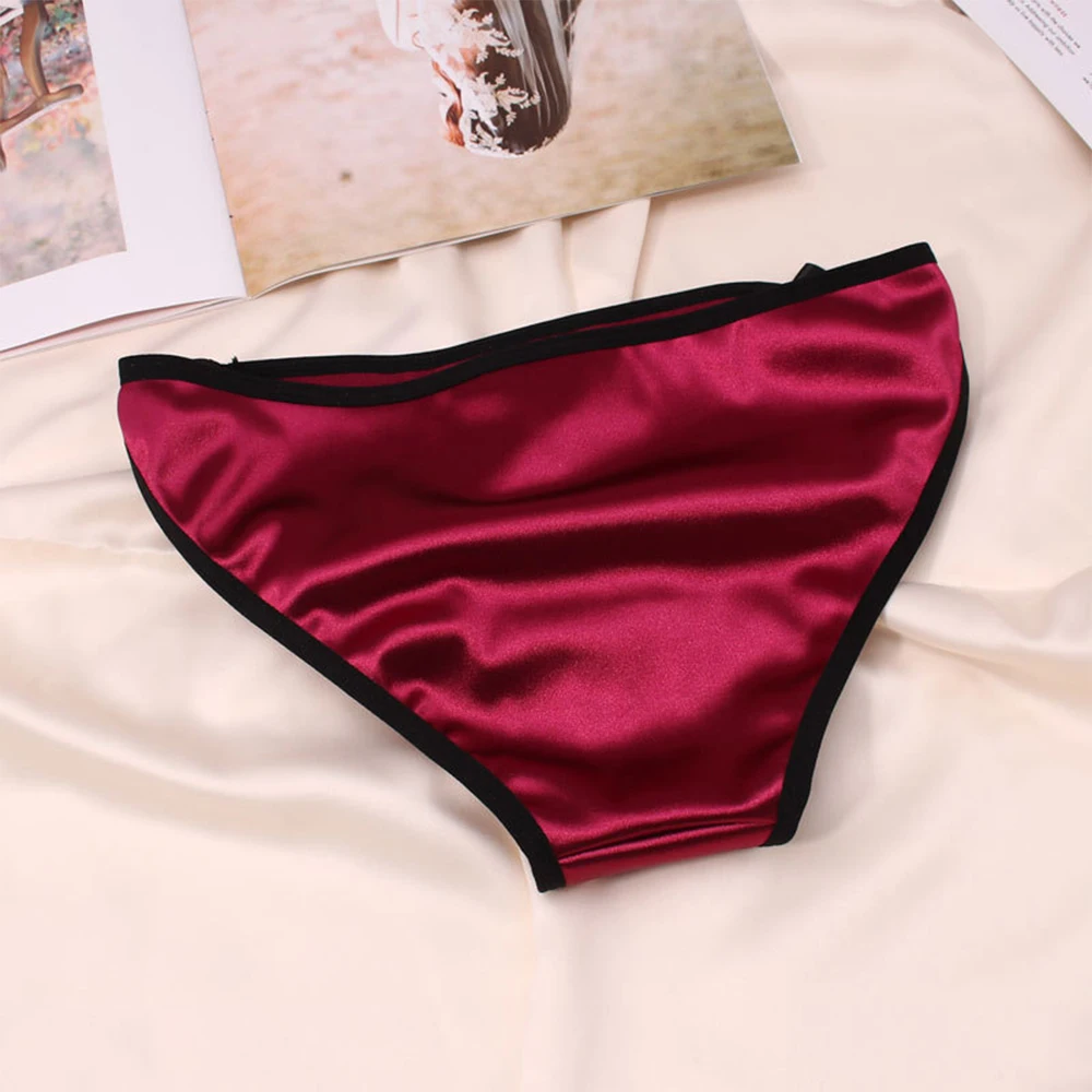 Women Ice Silk Satin Panties Oil Shiny G-String Soft Solid Thong Bow Thin Lingerie Casual Underwear Simple Knickers Lace Briefs