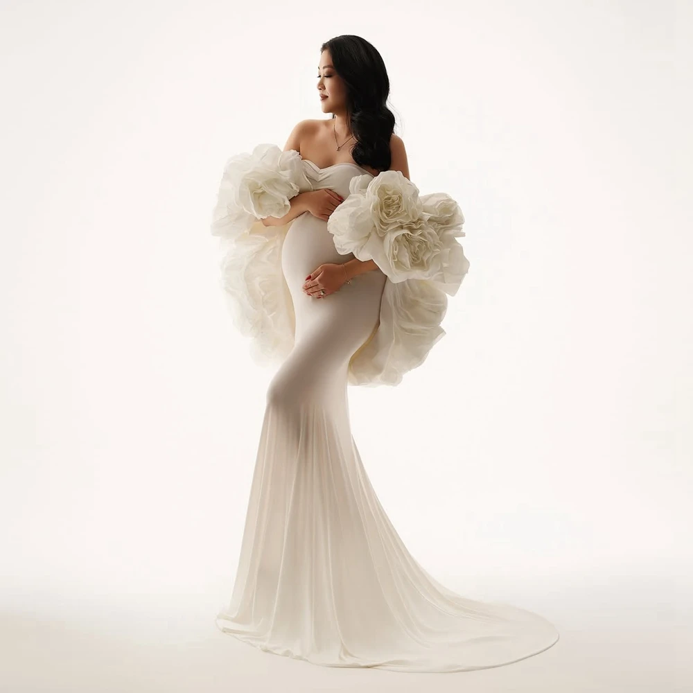 Elegant Floral Maternity Dress with Large Flower Detail Strapless Spandex Mermaid Pregnant Women Gown Special Occasions Dresses