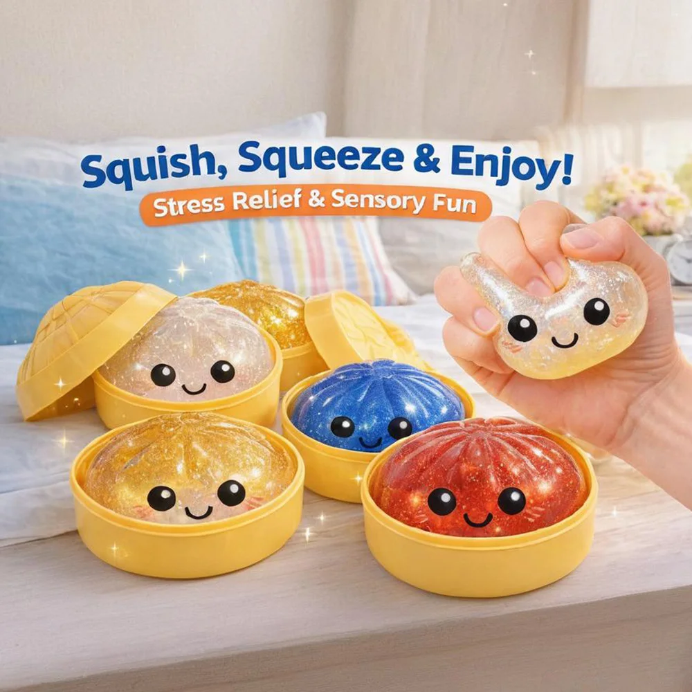 Hot Kawaii Dumpling Stress Ball Toy with Smile Face Unique Steamer Base Squeezable Dough Ball Birthday Gift for Girl Boy Adult