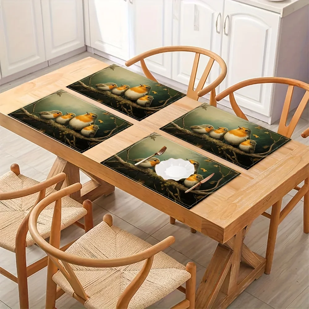 Robin Family Table Mats Linen Placemats with Vibrant Bird & Floral Design, Perfect for Dining, Kitchen, and Holiday Decor