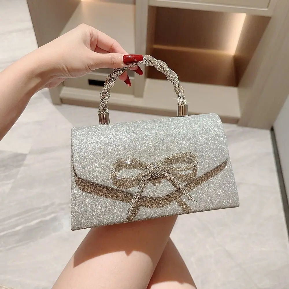 Fashion Rhinestone Bowknot Evening Bag Glitter Gold Silver Bow Chain Bag Clutch Bag for Women Female