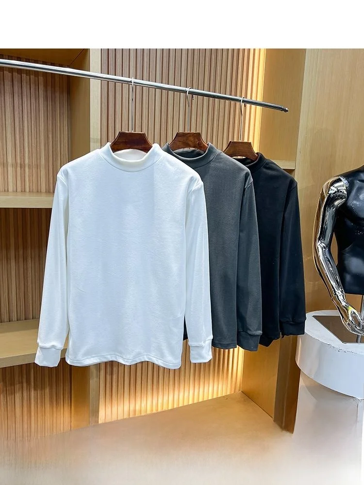 Double-Sided Fleece Long Sleeve T-Shirt Men's Stand Collar Base Layer Top Skin-Friendly Polyester Fiber Winter Youth Fashion