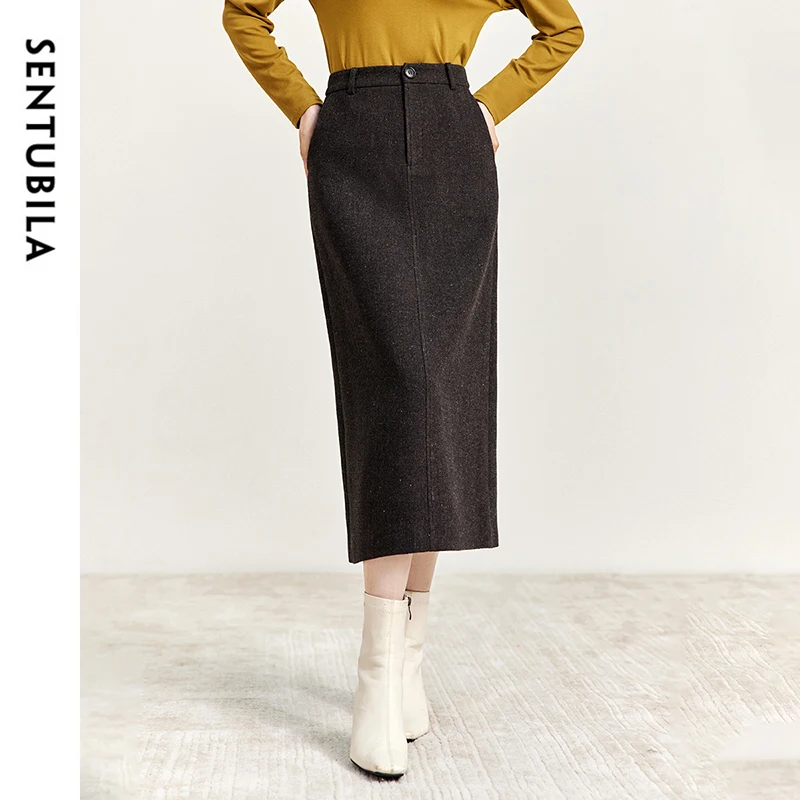 SENTUBILA Straight Wool Skirt Women 2024 Winter Vintage Elegant Tweed High-waist Slit-hem Temperament Long Skirts 144Q56942