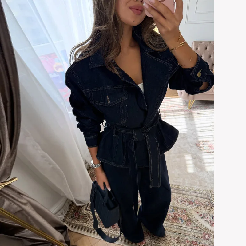 Revers-Taillenbetonende Schnür-Jeansjacken-Hosen-Sets für Damen, Street-Style, Langarm-Slim-Jacken, Weitbein-Hosen, Schicke Damen-Outfits – Detail 11