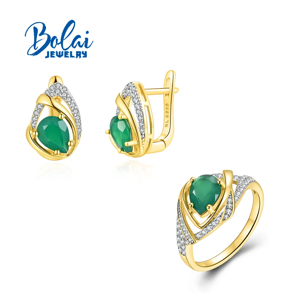 

Gorgeous Natural pear 6*8mm green agate ring earrings 925 sterling silver women's fine jewelry set for engagement and party gift