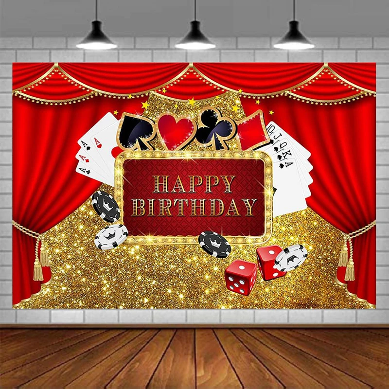 Casino Birthday Photography Backdrop Gold Glitter Red Curtain Night Poker Background Las Vegas Party Decoration Supplies Props