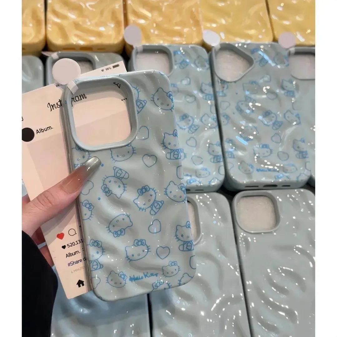 Модный чехол для телефона Hello Kitty с морщинистой текстурой для iPhone 11, 12, 13, 14, 15, 16 Pro Max Plus, мягкий силиконовый противоударный чехол-конфетка