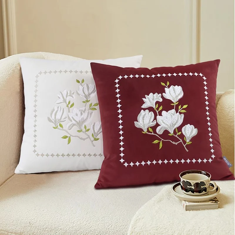 Magnolia Flower Embroidery Sofa Chic Cushion Cover Home Decor Luxury Housewarming Colors Velvet Throw Pillow Cover Adult