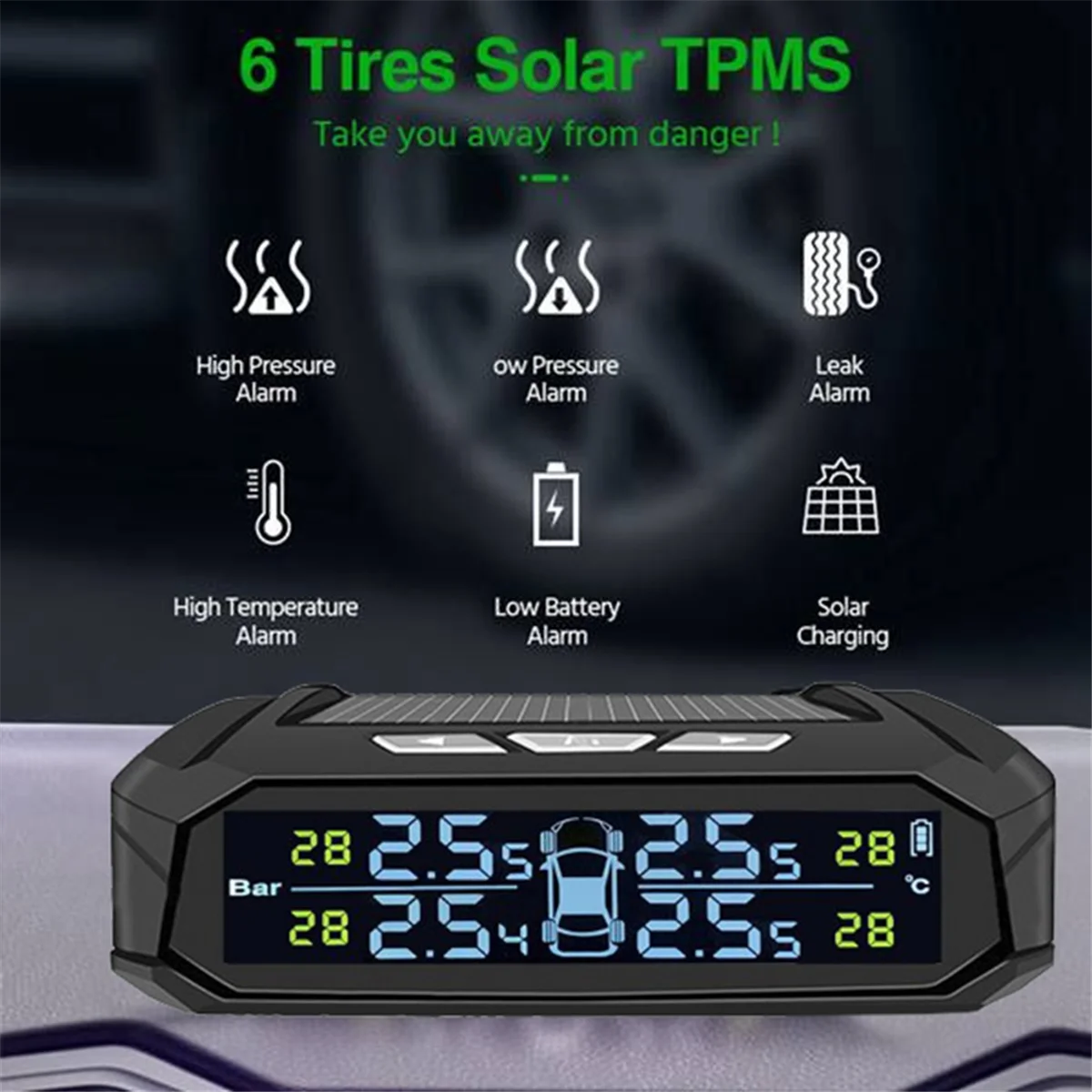 Car TPMS Tyre Pressure Monitoring System Solar Power Digital Display Auto Security Alarm Systems with 4 External Sensors