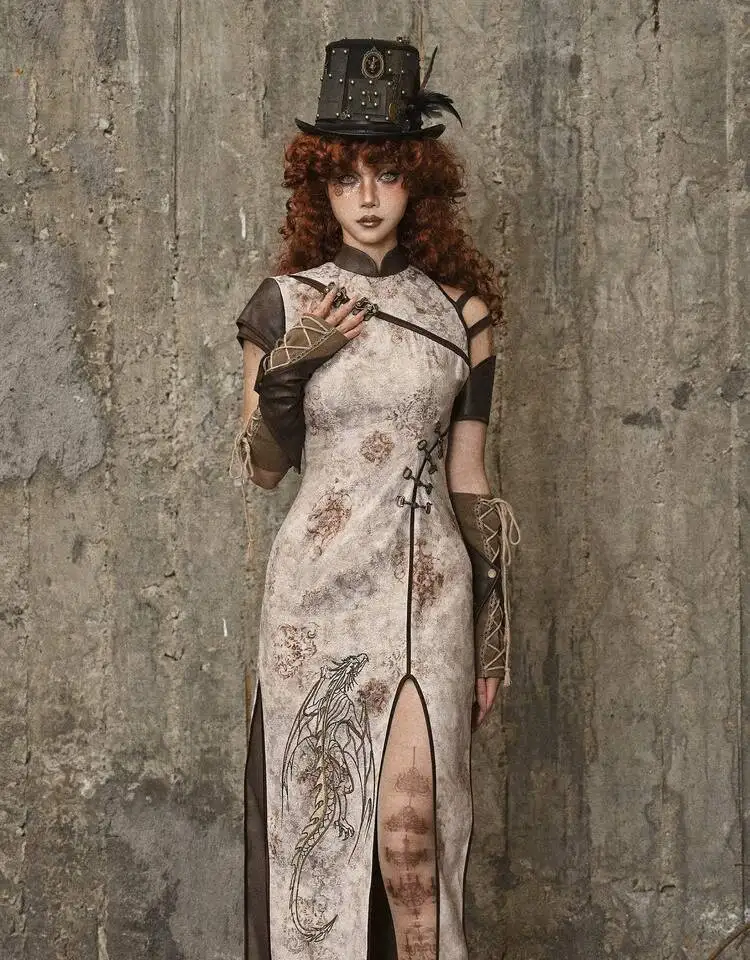 Steampunk Tie-Dye Dragon Embroidered Cheongsam Dress with Slit Hem for Halloween Cosplay Party