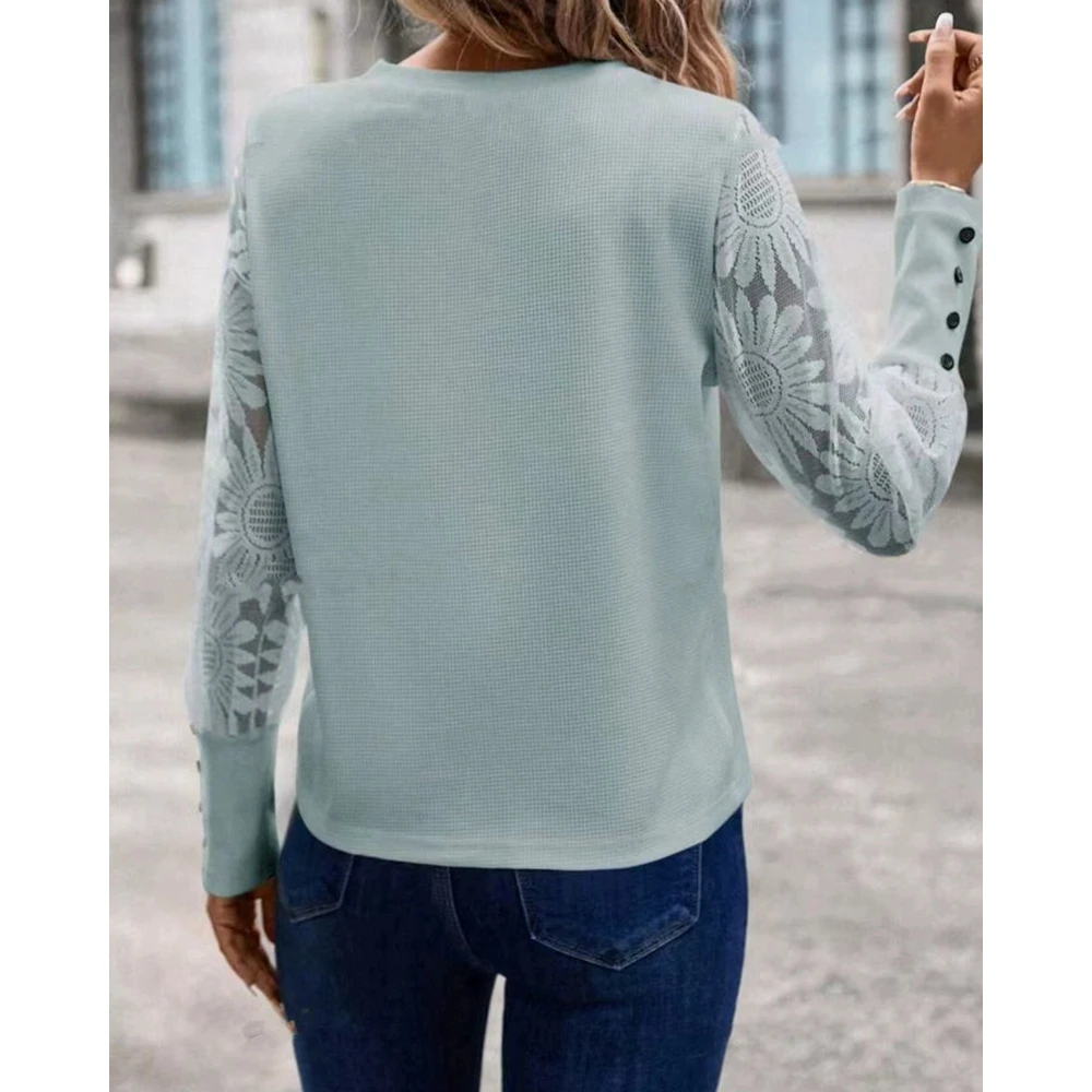 Elegante Vrouwen Pure Mesh Contrast Bloemenpatroon Top Mode Casual Knopen Decor Lange Mouw Ronde Hals Blouse