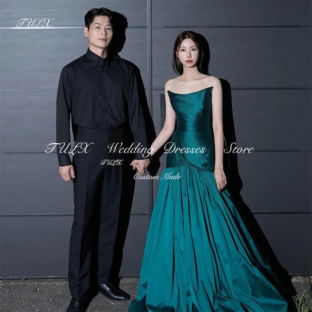 

TULX Luxury Green Evening Dress Korea Wedding Photo Shoot Strapless Pleat Party Dresses A line Floor Length Corset Customized