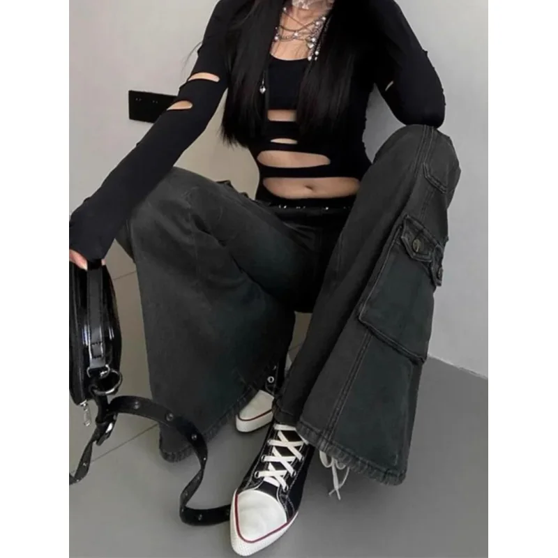 Women Dark Academia Gothic Grunge Low Waisted Cargo Flare Denim Pants Japanese Y2k Harajuku Bell-Bottom Jeans Goblin Core