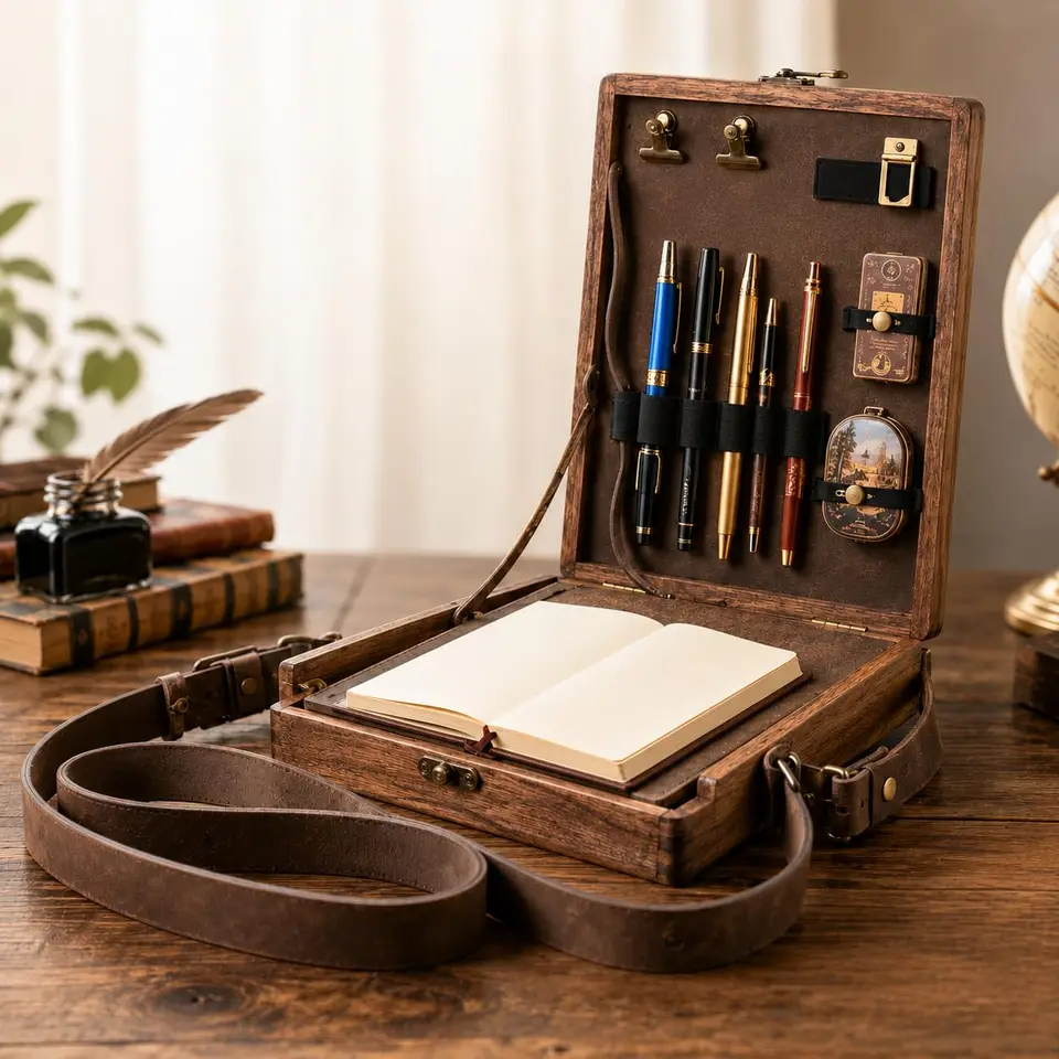 Wooden Desk Organizer Box Portable Stationery Storage Case With Shoulder Strap For Pens Pencils Notes Home Office