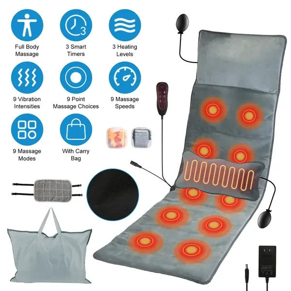 

Electric Massage Mat with Heat, Vibration & Inflatable Lumbar Pillow - 10 Modes, Anti-Slip Bottom