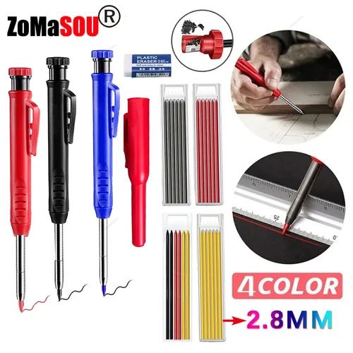 Imagen 1 del producto Lápiz mecánico de carpintero sólido superior, rotuladores de agujeros profundos de cabeza larga para carpintería, lápices de repuesto, sacapuntas de papelería