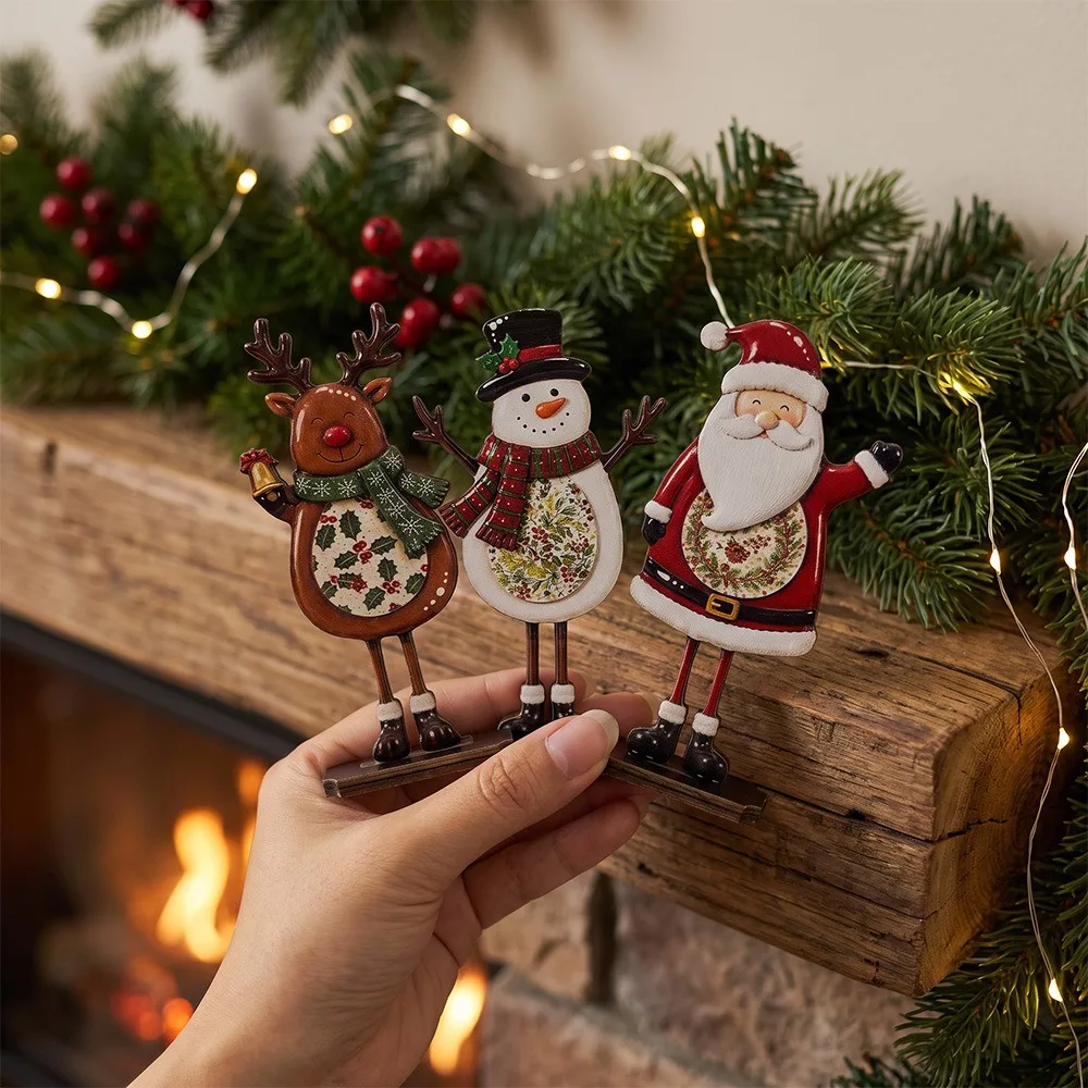 Wooden Santa Claus Tabletop Ornament Rustic Slot in Base Holiday Reindeer Desktop Ornament Cartoon 2D Flat Printing