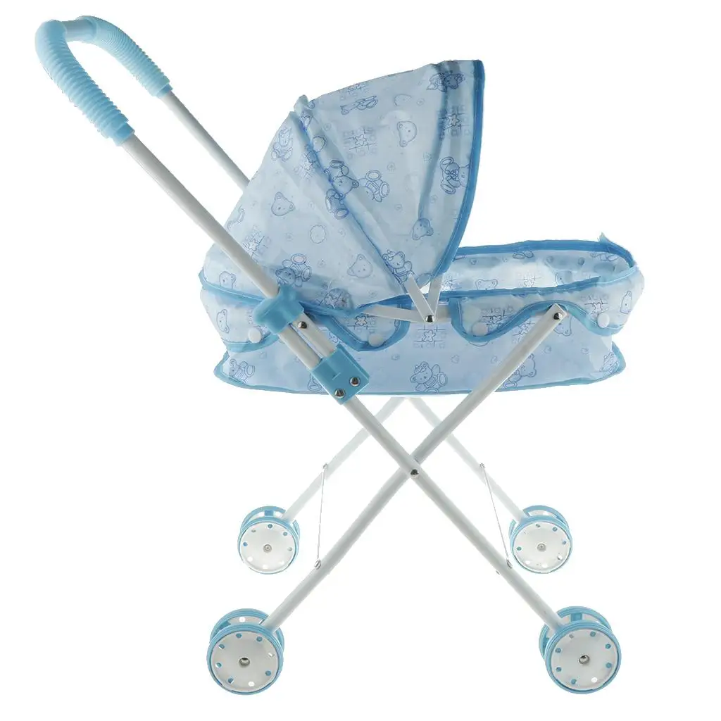 Mini Sturdy Blue Printed Foldable Doll Stroller with 4 Swivel Wheels Toys Best Gift