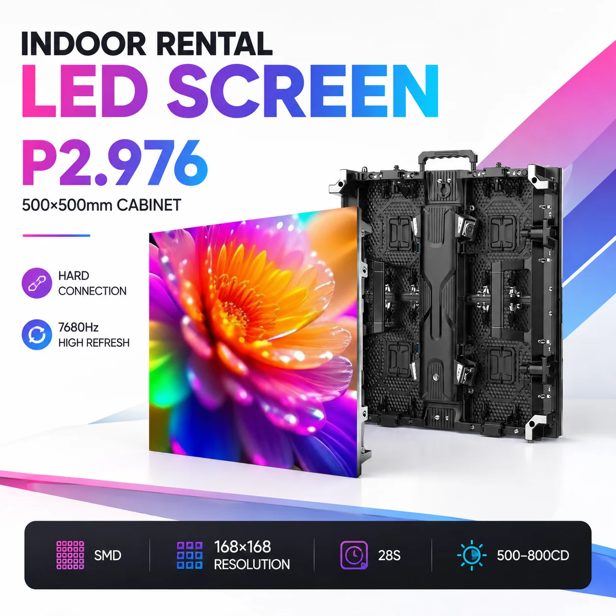 Indoor P2.976 Rental LED Display Module 500x500mm Full Color LED Rental Display Screen Panel With Die-cast Aluminum Cabinet