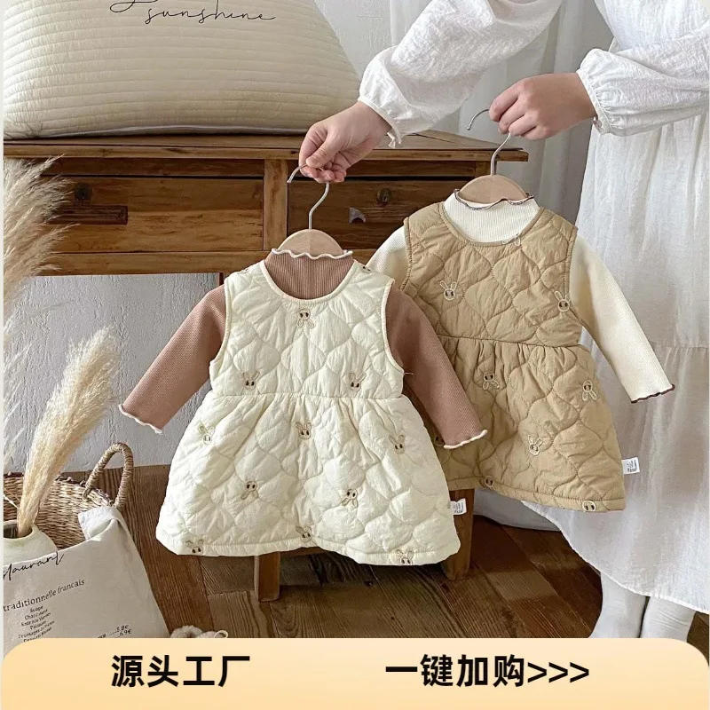 

Осень и зима для девочек, новая корейская версия, хлопковая куртка без рукавов, платье, стильный жилет с вышивкой кролика для малышей, универсальная юбка