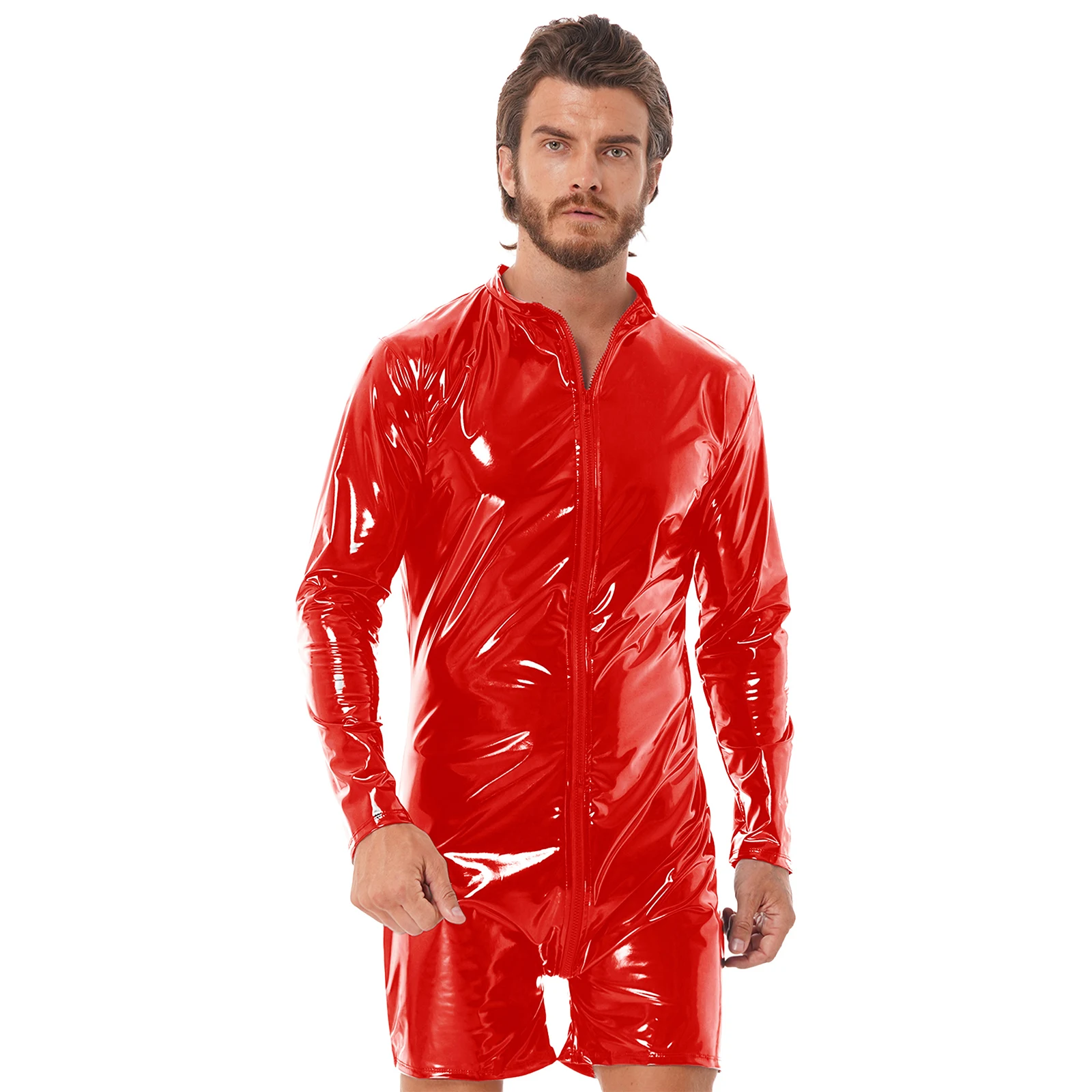 

Men Latex Jumpsuit Wet Look Patent Leather Romper Mock Neck Zipper Jumpsuit Long Sleeve Bodysuit Underwear Club Stage Costume