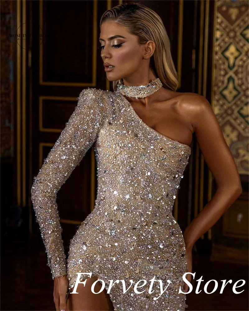 2022 Prachtig Crystal Kralen Prom Jurken Robes De Soiree Een Mouw Hoge Split Avondjurken Vestidos De Fiesta فساتين السهرة