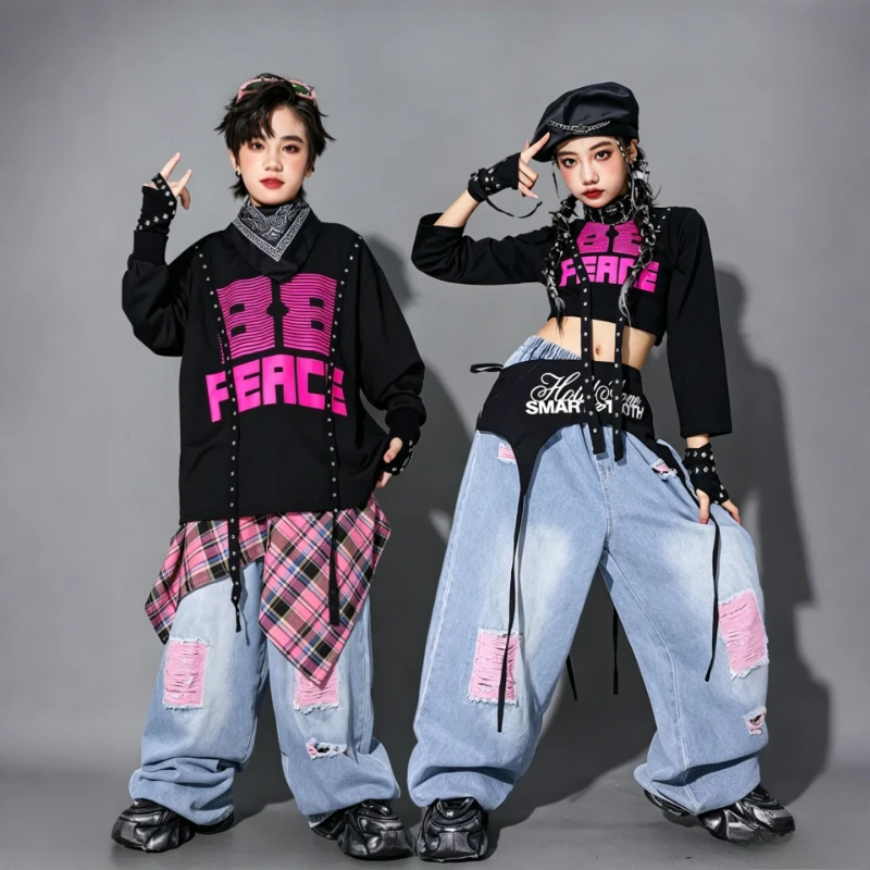 

Детская одежда для танцев в стиле хип-хоп, сценический костюм Kpop, розовый, черный топ, джинсовые брюки, костюм для джазовых танцев для девочек и мальчиков