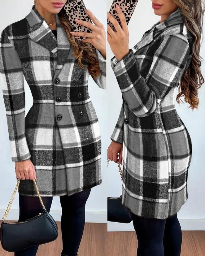 Women's Elegant Suit Jacket 2024 Autumn Latest Plaid Pattern Double Breasted Coat Notched Collar Long Sleeve Button Cardigan