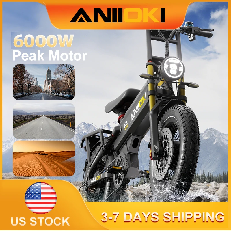 

Electric Bike 6000W Peak Motor 47mph 60V 70Ah/80Ah PAS-235miles Electric Bicycle ANIIOKI A8 ProMax AWD 20"*4" Fat Tires 50°