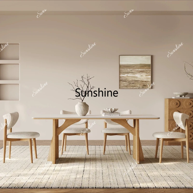 Natural Wood Color Solid Wood Dining Table Home Rectangular Japanese Cream-style Sintered Sintered Stone