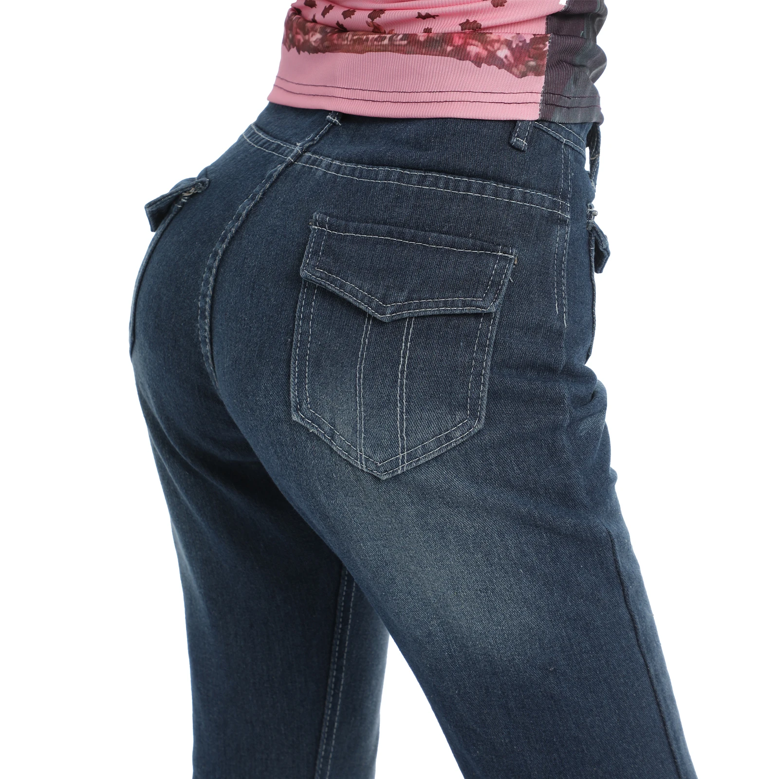 Calça jeans feminina hip hop cintura alta ajuste relaxado jeans de perna larga lavados com bolsos com aba