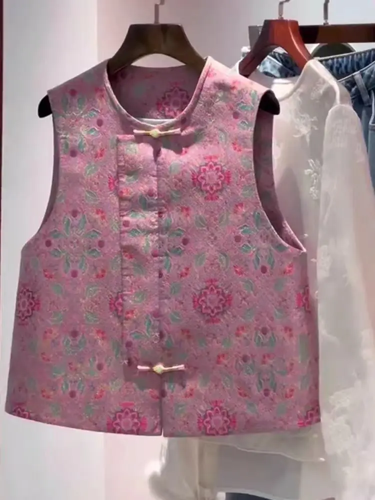 

New Chinese Sle Women's Casual Jaet Pink Vest Outerwear Commute Sle round Ne Single Button Plant Floral Pattern