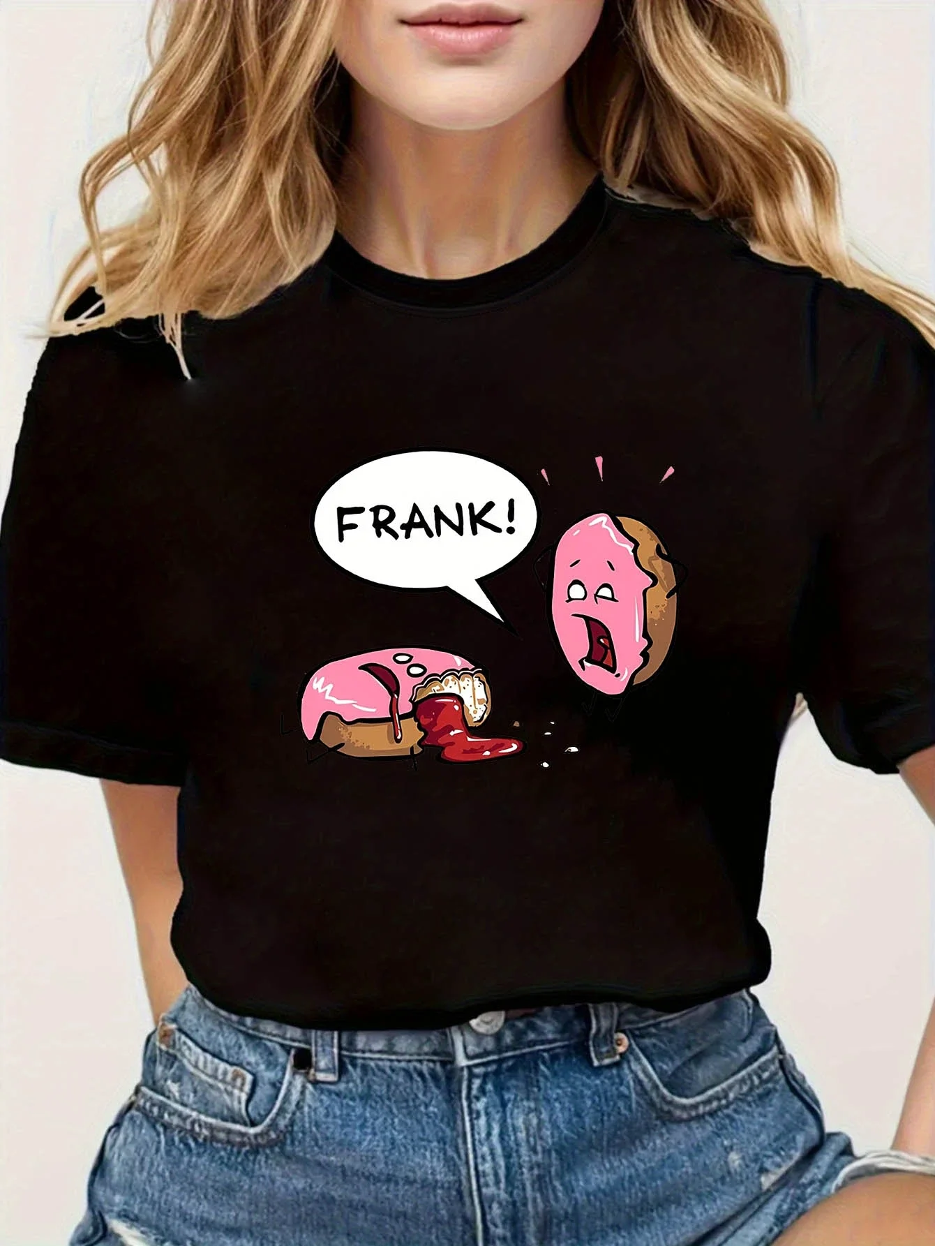 

Women's T-shirt Short Sleeve FRANK Letter Print Crew Neck Casual Top For Summer & Spring