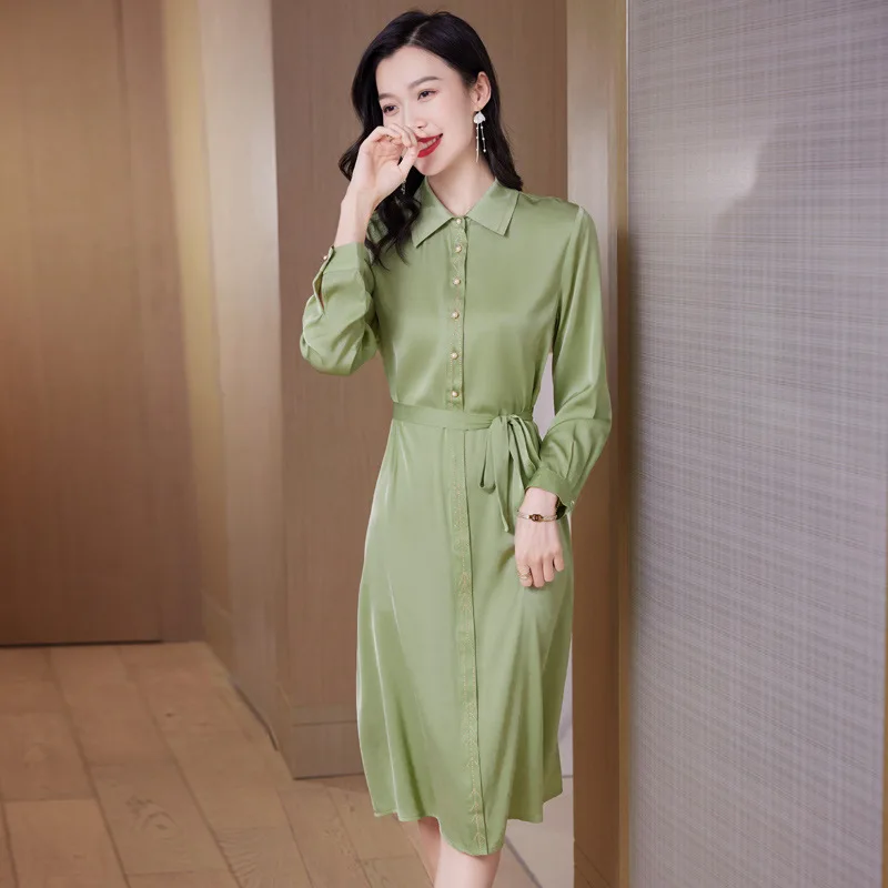 Birdtree 91.2%Mulberry Silk Elegant Simple Casual Dresses Women Solid Long Sleeve Lapel Office Lady Party Shirt Dress D30473QM