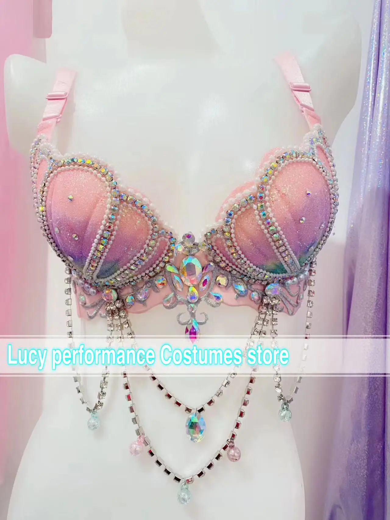 

Hot pink tassel bead top nightclub guest gogo performance bar DJ dance DS night scene sexy suit