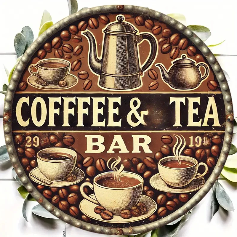 لوحة لافتة معدنية مسطحة 2D، قطعة واحدة مفتوحة 2D، لافتة معدنية مستديرة لبار شاي القهوة العتيق - 7.8 بوصة × 7.8 بوصة | ديكور حائط متين #1