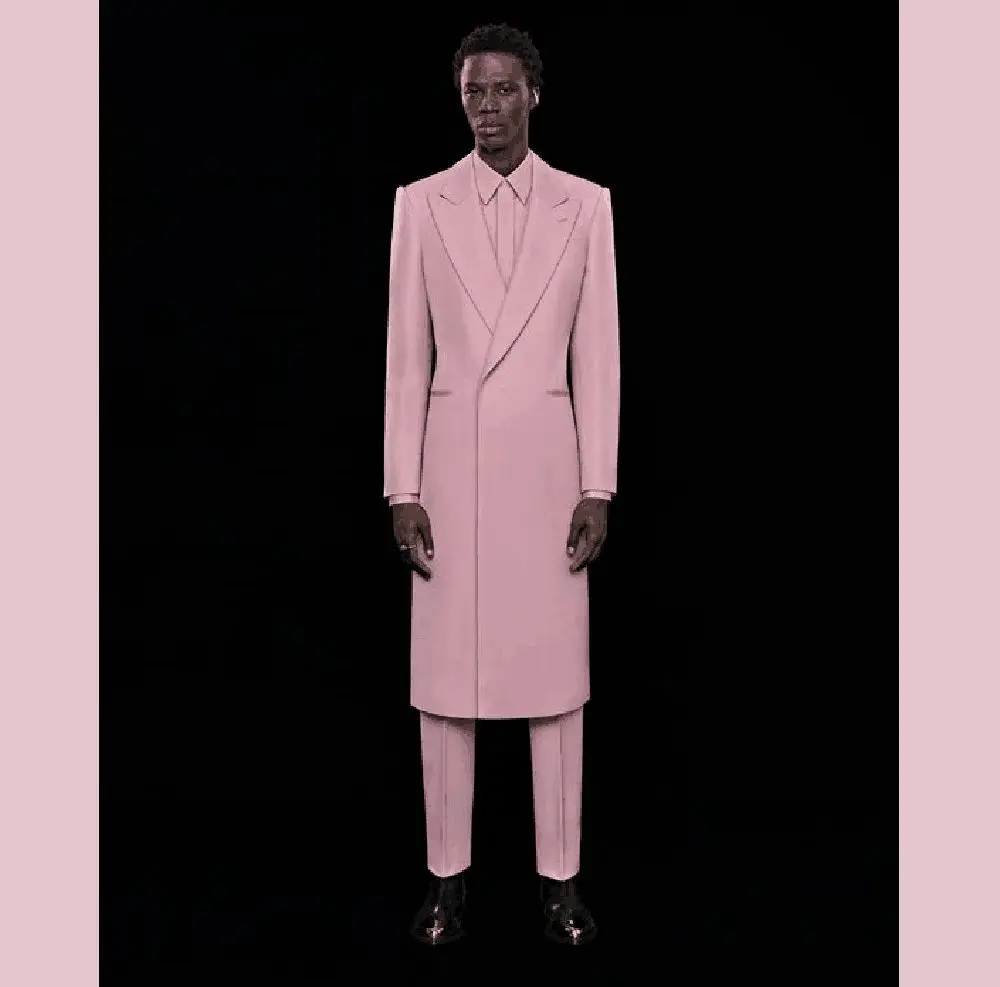 Pink Long Men Suits 2 Pieces Blazer+Pants Handsome Slim Celebrity Wedding Formal Work Causal Tailored Set