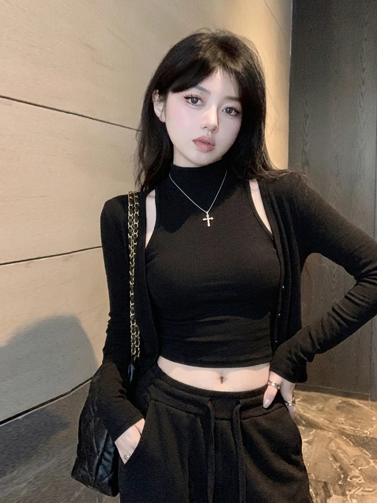 Autumn New Style Retro High Neck Sweater Bottoming Vest Casual Versatile Long Sleeve Open Cardigan Two Piece Set Women's Fashion