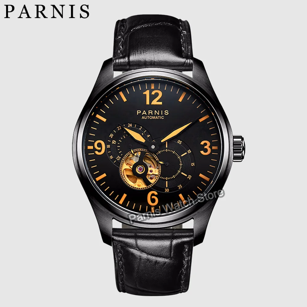 Parnis 44mm Miyota82S7 Automatic Sapphire Crystal Men\'s Mechanical Watch 24-hour Black Dial