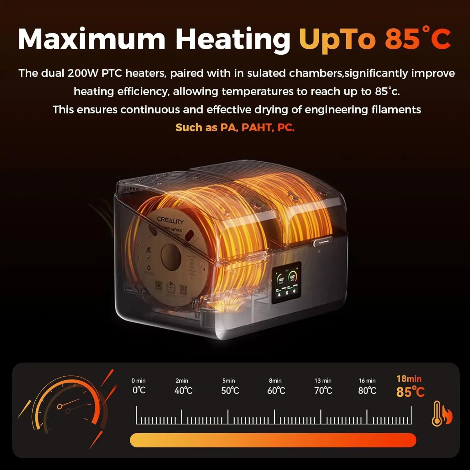 مجفف خيوط كرياليتي 4 بكرات صندوق تخزين خيوط سبيس بي X4 85 ℃   أقصى درجة حرارة غرف تسخين مستقلة مزدوجة