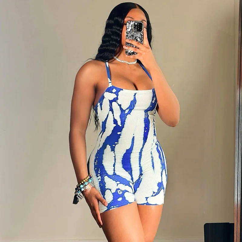 Ribbed Cami Romper Bodycon Striped Print One Piece Short Jumpsuit Casual Woman Rompers 2024