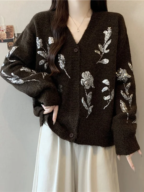 Short V-Neck Knitted Open Cardigan Sweater Women's Spring Autumn plus Size Elegant Heavy Embellished Top French Style Straigh...