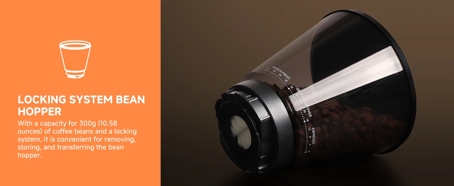 BioloMix Professioneller konischer Gratmühle, 48 einstellbare Einstellungen mit abnehmbarem Halter für Espresso-Tropfen und French-Press – Detail 7