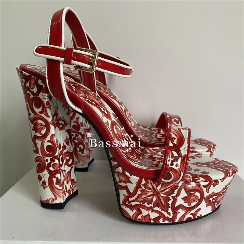 High Platform Chunky Heel Sandals Women Ankle Strap Print Flower Luxury Patent Leather Summer Shoes For Girls image 5