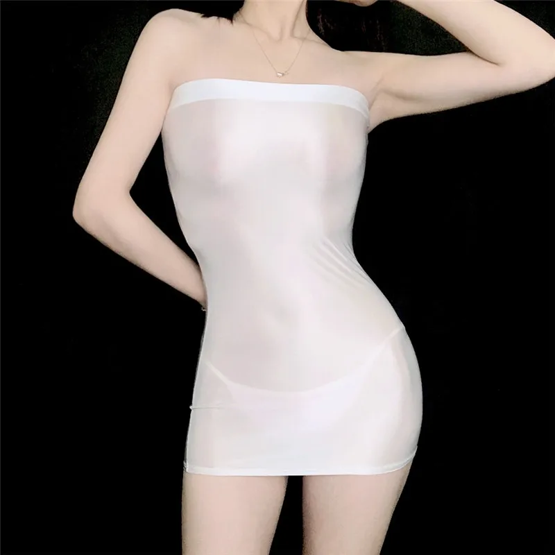 Sexy Micro Mini Oil Glossy Shin Sheer Dress See Through Bodycon Sexy Tight Pencil Cute Dress Smooth Bandage Candy Color Dress